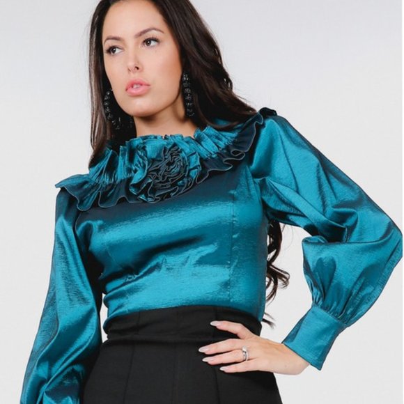 Flower Adorned Hunter Green Ruffle Neck Blouse - Picture 1 of 4